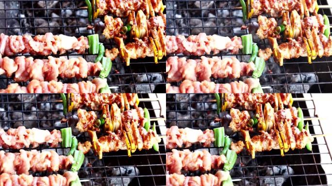 各种肉类和蔬菜的烧烤架，特写镜头。