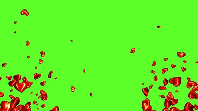 红心动画。屏幕两侧的心脏在绿色的孤立背景上从下往上飞。