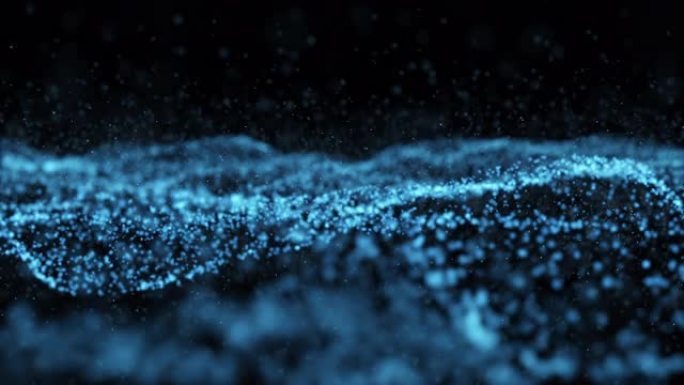 抽象数字变换蓝色波粒在黑色背景抽象背景上跳舞运动。网络未来技术背景概念。4k镜头视频。无缝循环