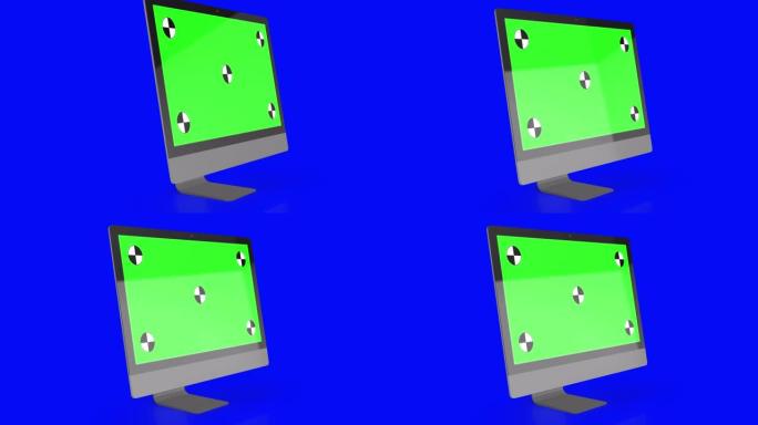 绿色屏幕的现代计算机，隔离在蓝色背景上。3d渲染。