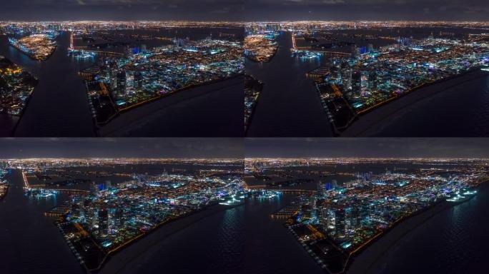 迈阿密，佛罗里达州，美国-1月2019: 空中无人机全景视图飞行在迈阿密在晚上。4K航空飞机。