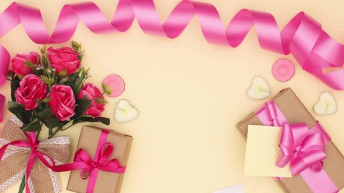 浪漫的粉红色装饰品，带有情人节，母亲节或妇女节的鲜花和礼物-Stop motion
