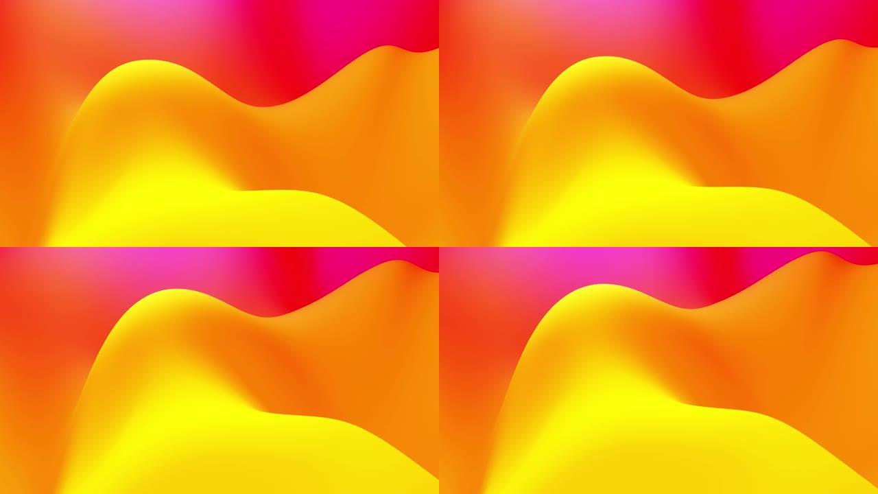 4k无缝回路，抽象流体红色黄色梯度，内部辉光波浪形表面。美丽的暖色渐变作为抽象的液体背景，流畅的动画