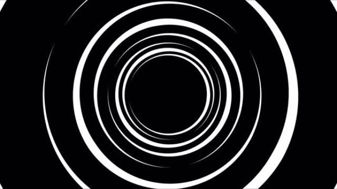 移动环形成的黑白隧道的抽象动画。动画。不同速度旋转的圆圈的黑白抽象