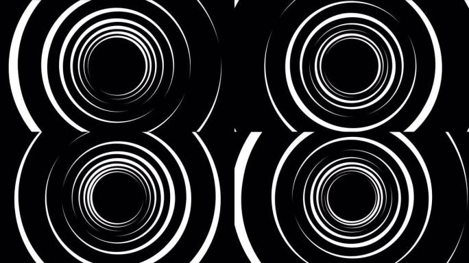 移动环形成的黑白隧道的抽象动画。动画。不同速度旋转的圆圈的黑白抽象