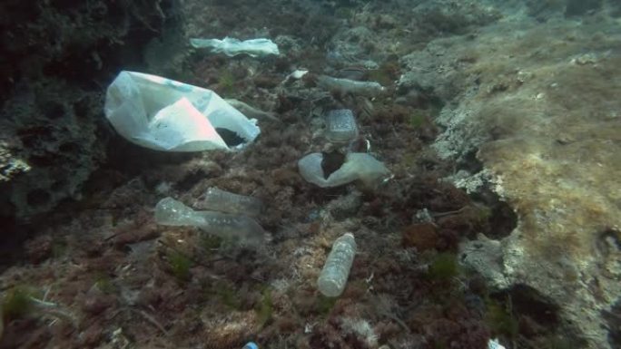 海洋底部的大量塑料污染，热带鱼游过底部，上面覆盖着大量塑料垃圾。地中海海底的瓶子、袋子和其他塑料碎片