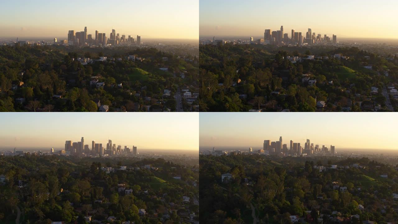 洛杉矶山日落天线天际线CBD黄昏夕阳落日