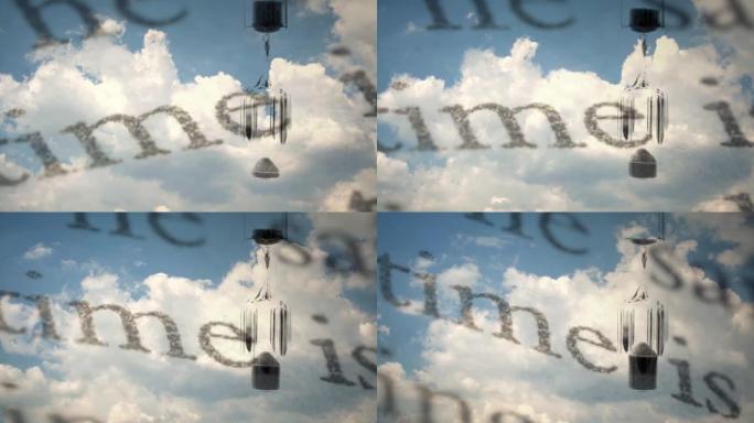 创意时间圈移动云和沙漏特写和移动单词时间的视频。生命、时间、意识短暂的概念。