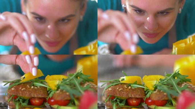 女人集中注意力，同时添加黄色甜椒作为装饰