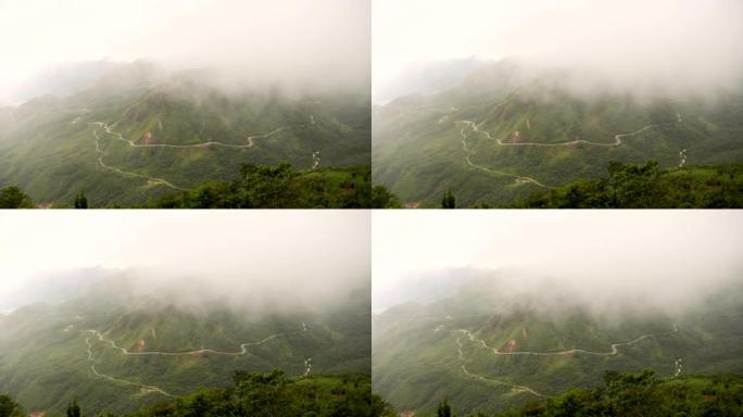 亚洲农场的4k亚洲山地景观，有雾的风农业绿色景观。越南绿黄色环境生态系统