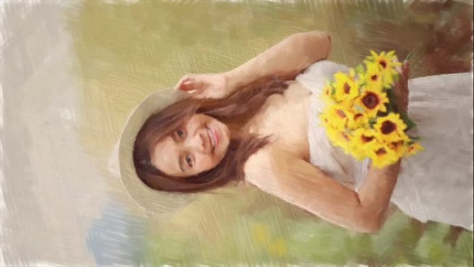 油画风格，亚洲成熟女人在向日葵领域的面部表情，享受，幸福