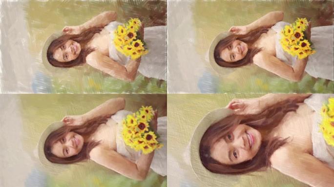 油画风格，亚洲成熟女人在向日葵领域的面部表情，享受，幸福