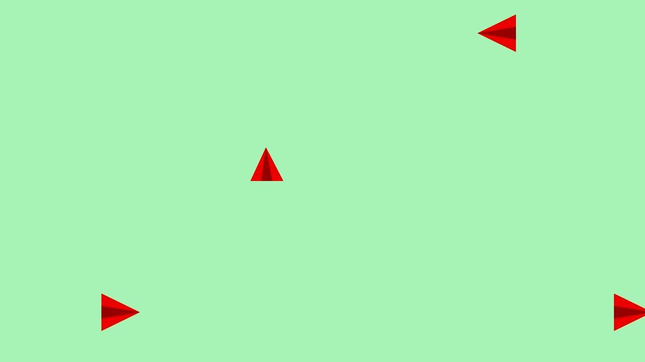 红色纸飞机正前方飞行和掉头飞行的动画孤立在绿色背景上，带有复制空间
