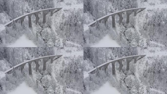 冬天没有火车的Landwasser高架桥的鸟瞰图，瑞士的地标，下雪，无人机不动