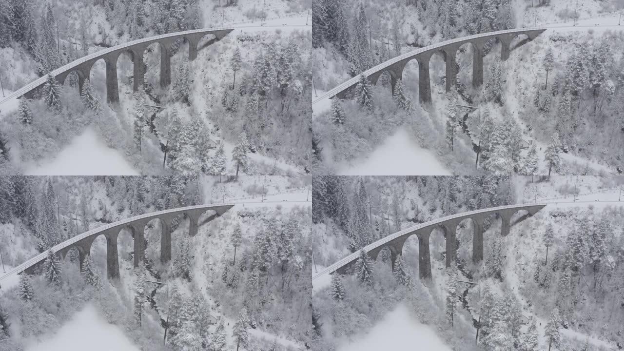 冬天没有火车的Landwasser高架桥的鸟瞰图，瑞士的地标，下雪，无人机不动
