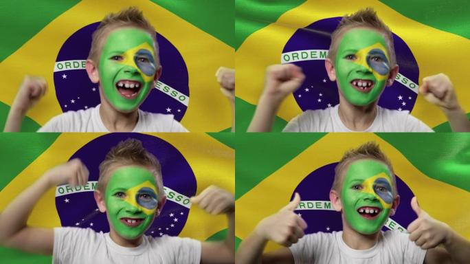 巴西国旗背景上的快乐粉丝。有着民族色彩的脸的快乐男孩。