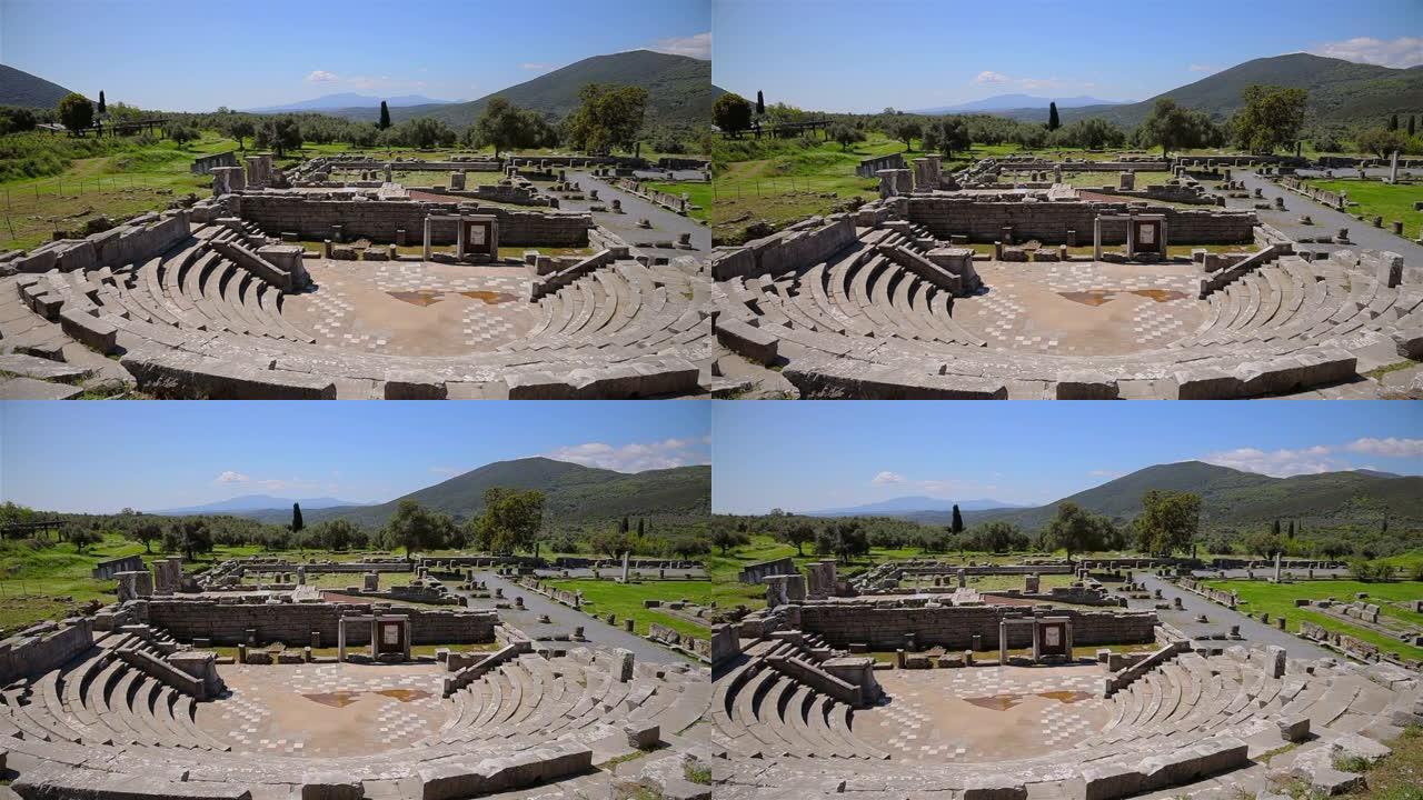 希腊伯罗奔尼撒的墨西尼亚，古代弥赛尼的考古遗址，奥德翁(或传道中心)和阿斯克勒庇翁广场，希腊伯罗奔尼