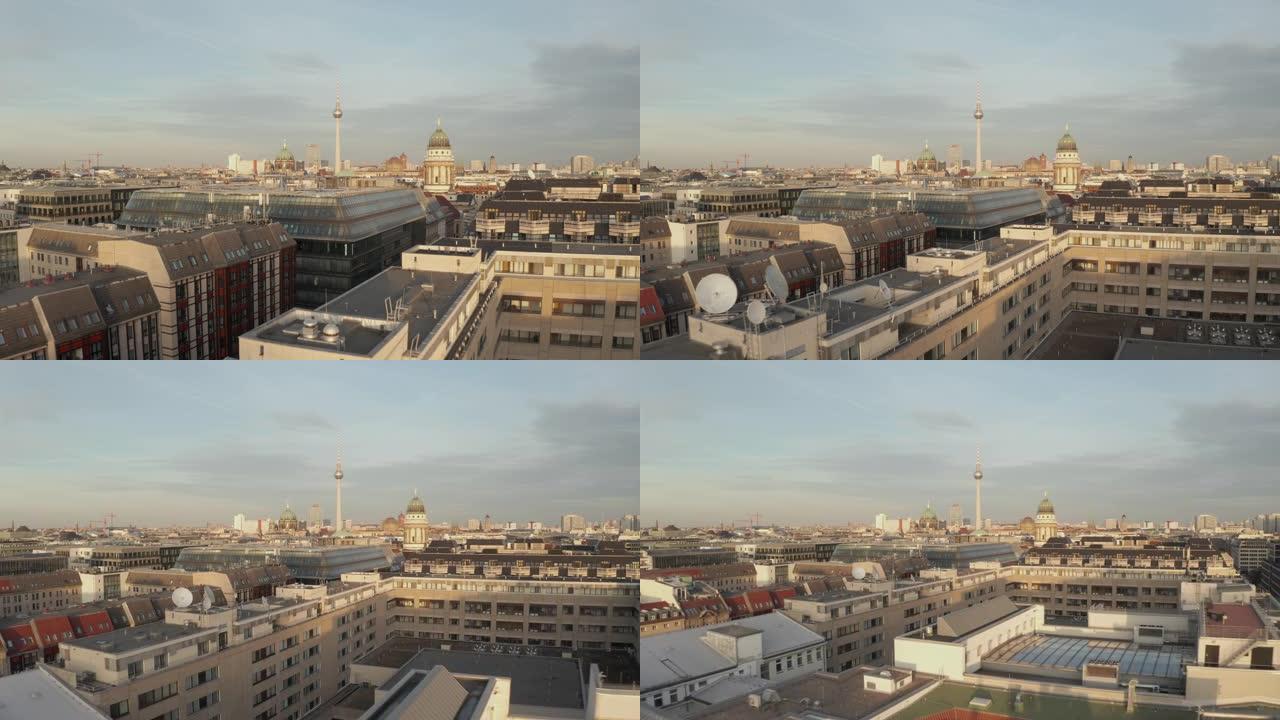 空中: 柏林中央/米特上空低空，在美丽的晴天 [4K] 观看亚历山大广场电视塔
