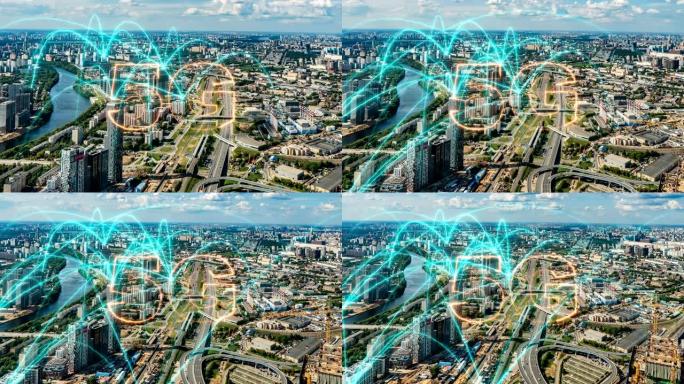 通过5g连接的空中城市。无线网络、移动技术概念、数据通信、云计算机、人工智能、物联网。Moskau时