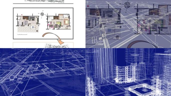 动画显示了地板设计的技术图，并绘制了精美的细节和房屋的3d模型