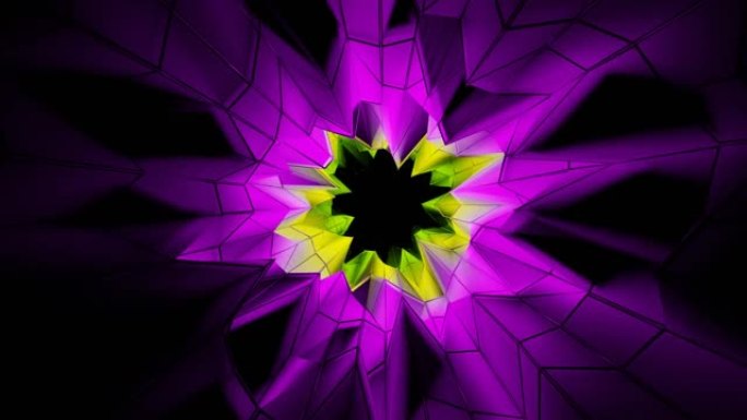 抽象3D紫罗兰色黄绿色模糊灯光放大深色多边形曲线孔动画视频背景插图。