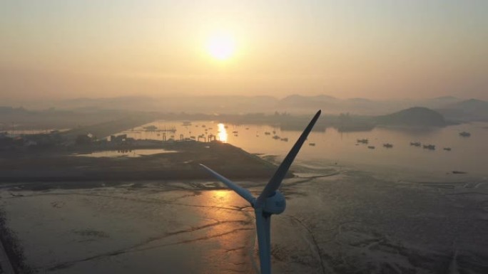 韩国坦多港的无人机视频晨景和阳光升起，涡轮机和阳光升起