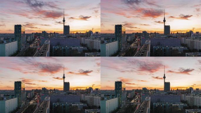 德国柏林电视塔的柏林天际线日夜流逝