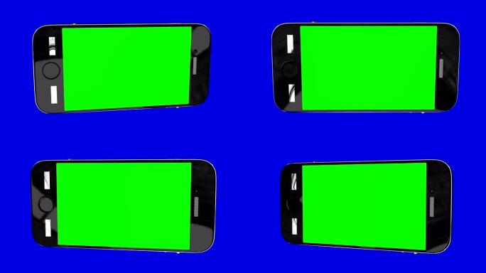 智能手机在蓝色背景上打开。易于定制的绿色屏幕。触摸屏设备。
