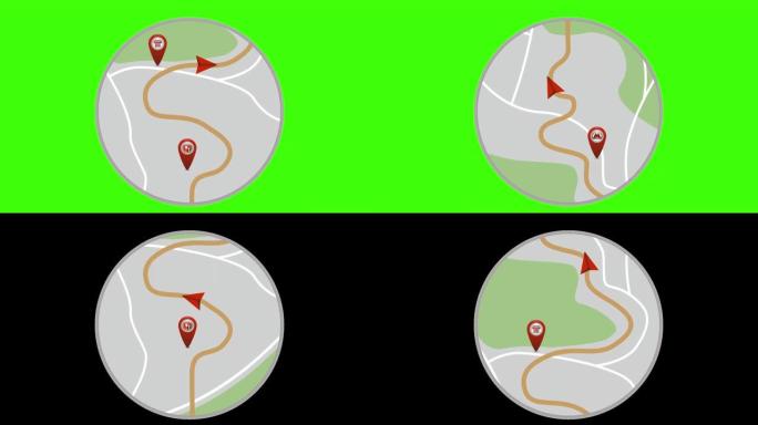 全球定位系统跟踪。领航员运动。导航地图。移动地图上的红色标记。循环动画。