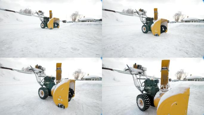 黄色抛雪器，冬季时间，移动相机