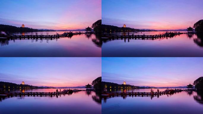 4K: 中国日落时分的杭州西湖风景