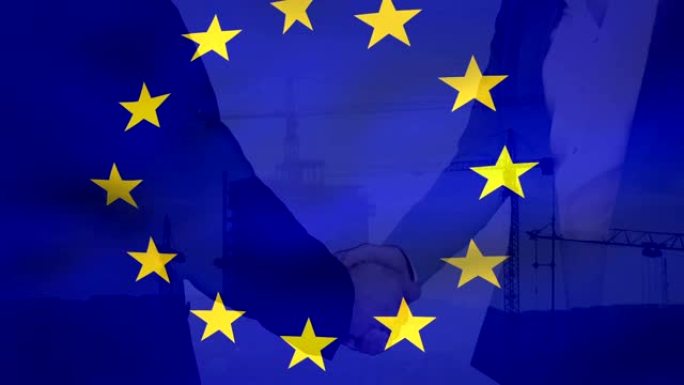 悬挂着欧盟旗帜，商人们在背景中握手