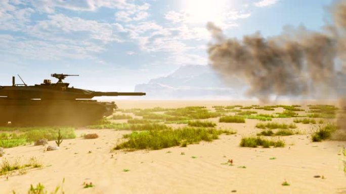 沙漠中央的一辆军用坦克向敌人目标射击。军队的特别行动。