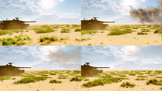 沙漠中央的一辆军用坦克向敌人目标射击。军队的特别行动。