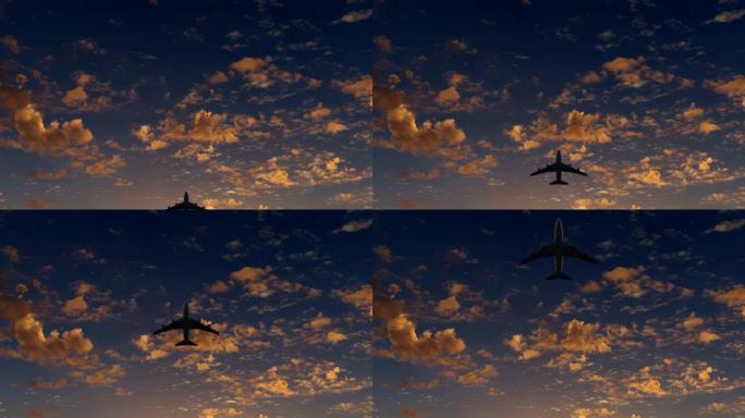一架客机在日落云的背景下飞过头顶，休息和旅行的概念