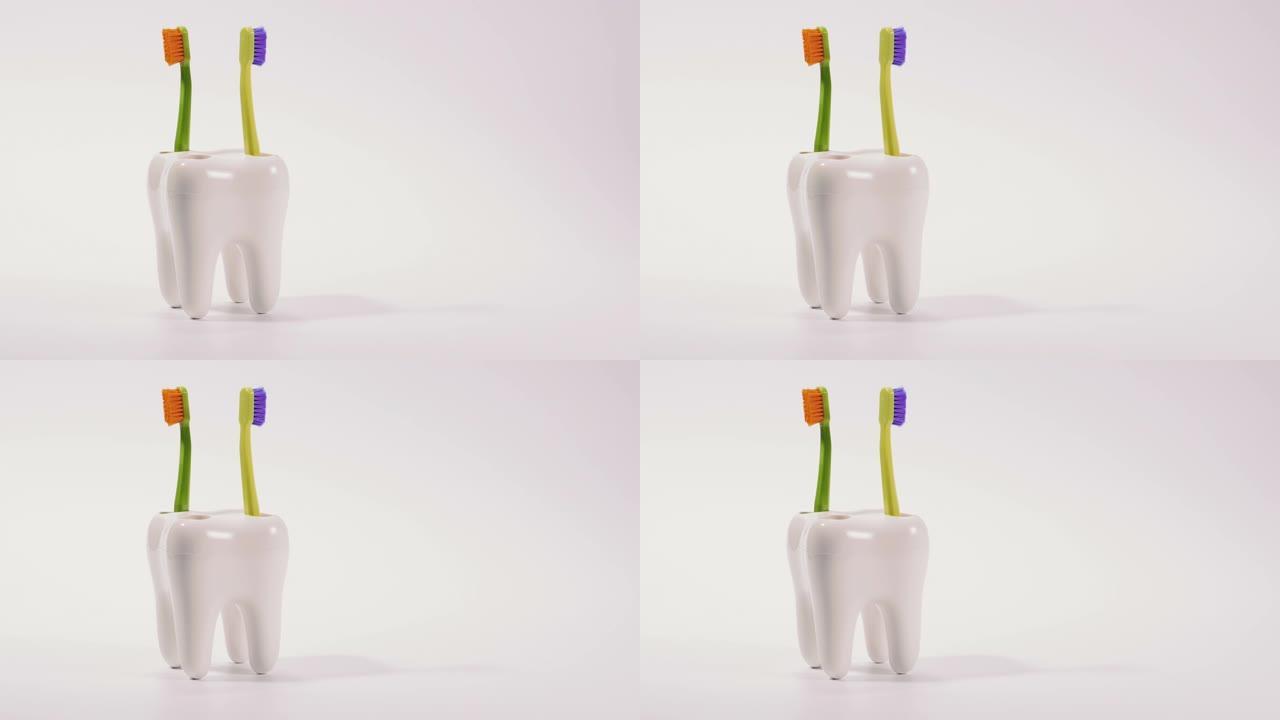 牙刷。牙刷以大牙齿的形式站立在支架上。