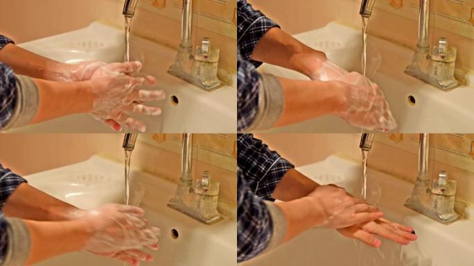 一个男人洗手并注意手卫生的特写镜头