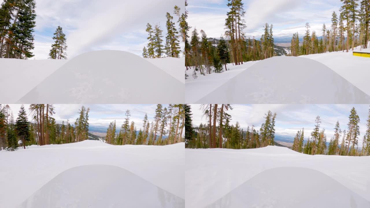 滑雪者从坡道上跳下来的POV镜头