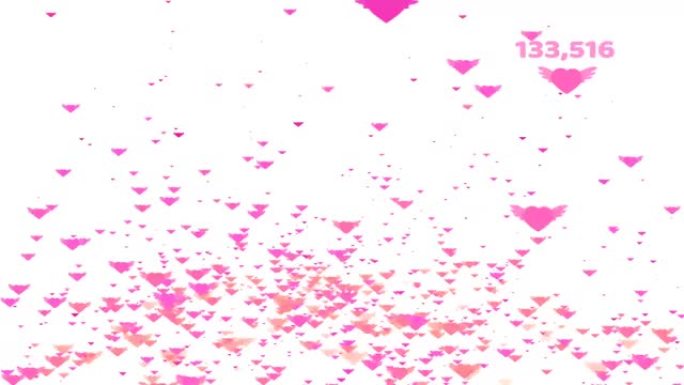 百万粉红色的心翅膀飞行和计数和情人节文本