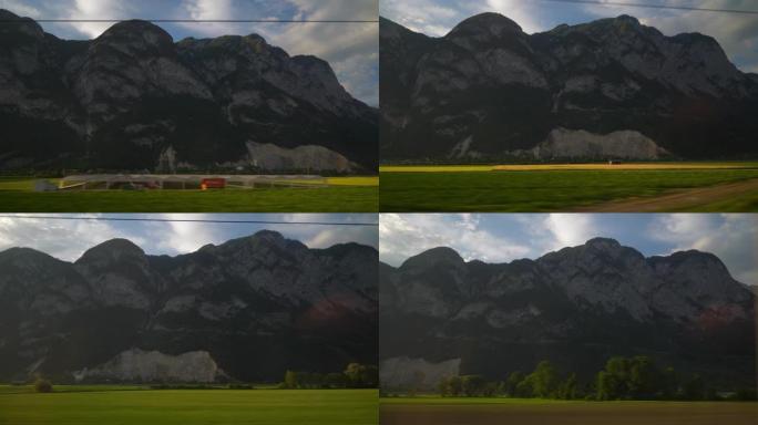 苏黎世至维也纳火车公路旅行夏季日落时间侧视点窗口全景4k奥地利