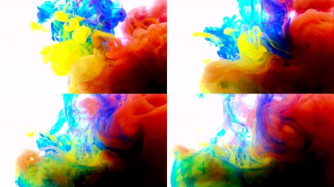 4K，彩色油漆滴在水中混合，抽象颜色在水中慢动作混合，墨色滴落在水上，4k素材，