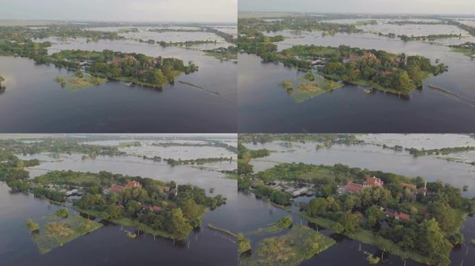 泰国大城府洪水的鸟瞰图