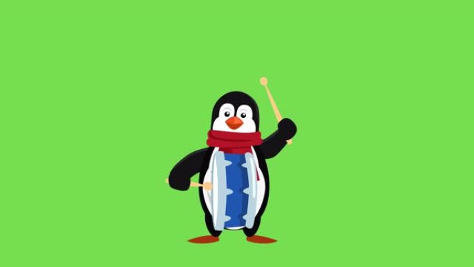 卡通小企鹅扁平圣诞人物音乐鼓动画包括哑光