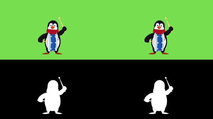 卡通小企鹅扁平圣诞人物音乐鼓动画包括哑光
