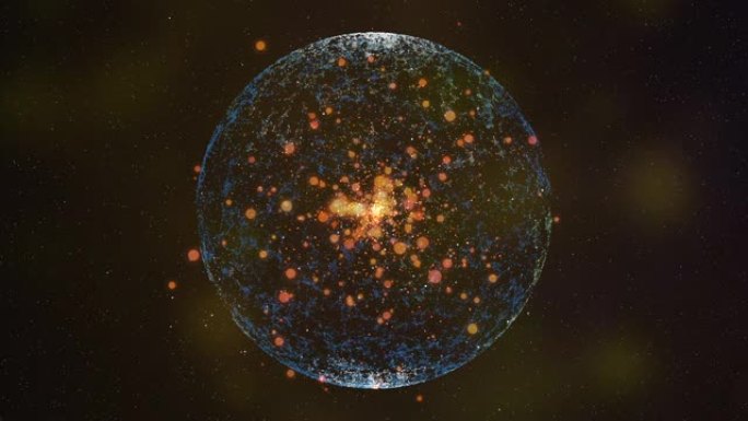 抽象蓝色霓虹灯格子球在黑暗星空背景上旋转的可循环动画，带有金色的波克粒子。