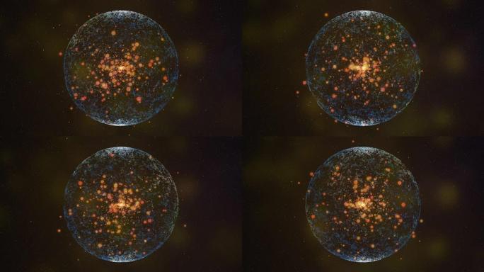 抽象蓝色霓虹灯格子球在黑暗星空背景上旋转的可循环动画，带有金色的波克粒子。