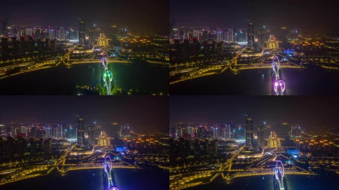 夜间照明南京市国际青年文化中心河眼桥空中延时全景4k中国