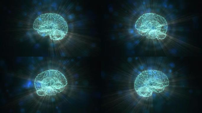 大脑漂浮在散景粒子之间的空间中，提供了很多光线，并与想法一起爆炸。