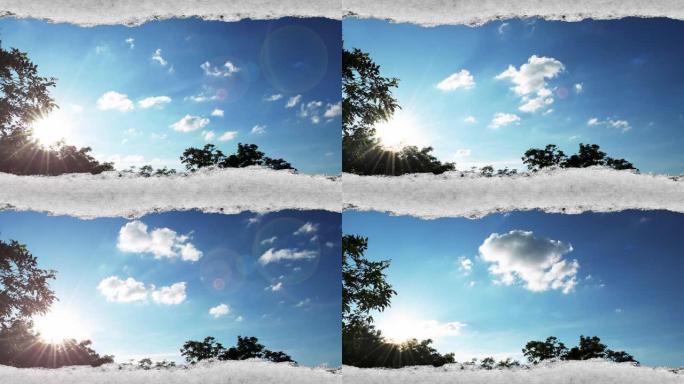 创意时间圈视频，在日落时分，在蓝天中快速移动的云彩，这些云彩可以通过旧复古垃圾老式纸的边缘撕裂的孔看