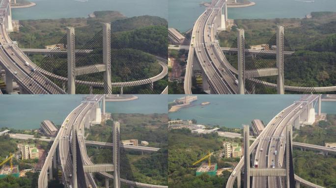 香港空中v164特写鸟景在汲水门桥柱周围低飞